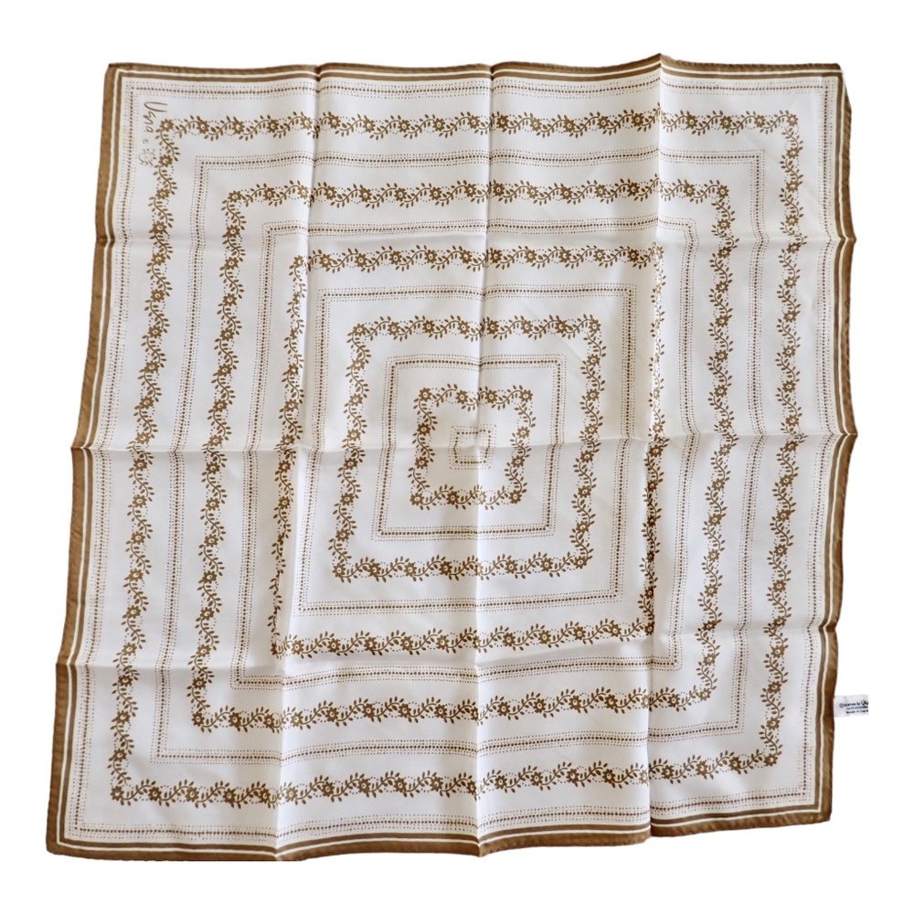 Uena Silky Scarf Gold White Floral Geo Print 21 x 21" Vintage Made in Japan MCM